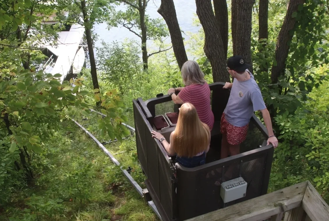 Group descends in forest cable car
